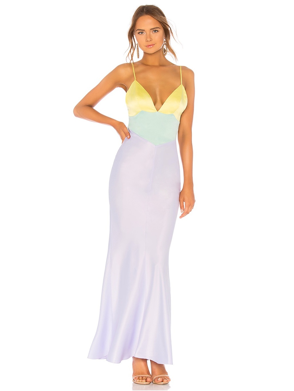 Majorelle Rosalinda Pastel Satin Colorblock Maxi Dress - Yellow, Mint & Lavender